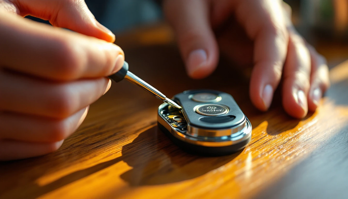 Manos cambiando la batería de botón CR2032 de un key fob de carro sobre una mesa en Mansfield TX