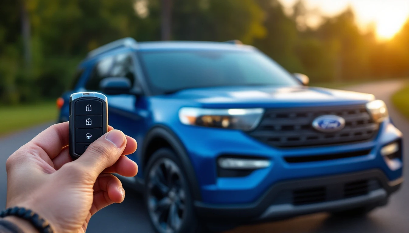 Cerrajero móvil programando el key fob de una Ford Explorer en un estacionamiento de Mansfield, Texas