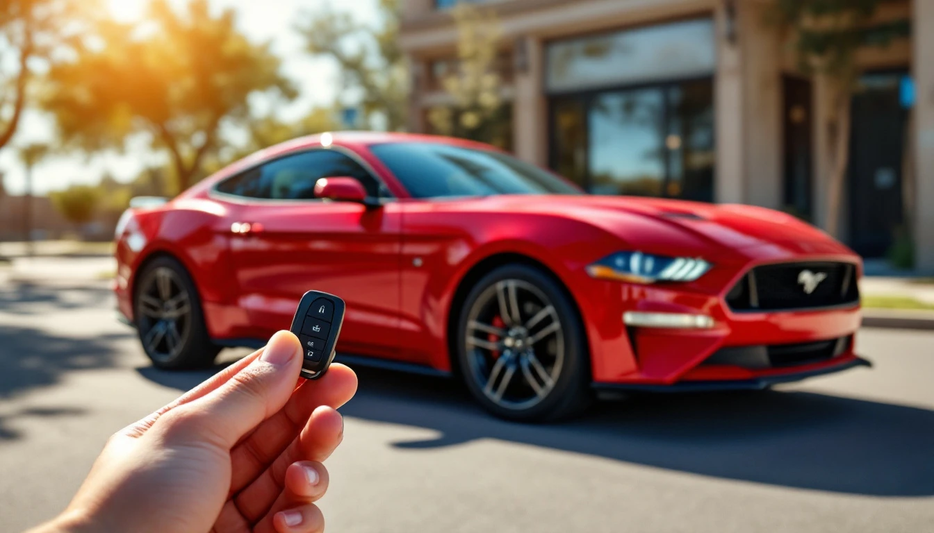 Mano con una llave de navaja moderna junto a un Ford Mustang rojo en una calle de Mansfield TX