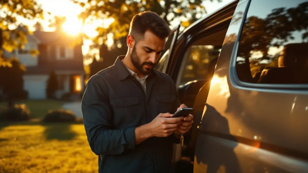 Minivan familiar estacionada frente a una casa de Mansfield con la puerta corrediza abierta mientras un cerrajero programa una smart key