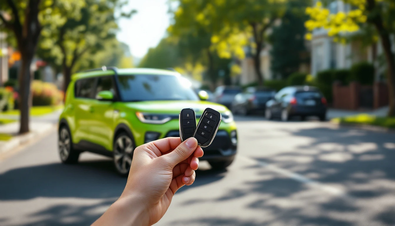 Mano con dos smart keys de Kia junto a un Kia Soul verde en una calle de Mansfield TX