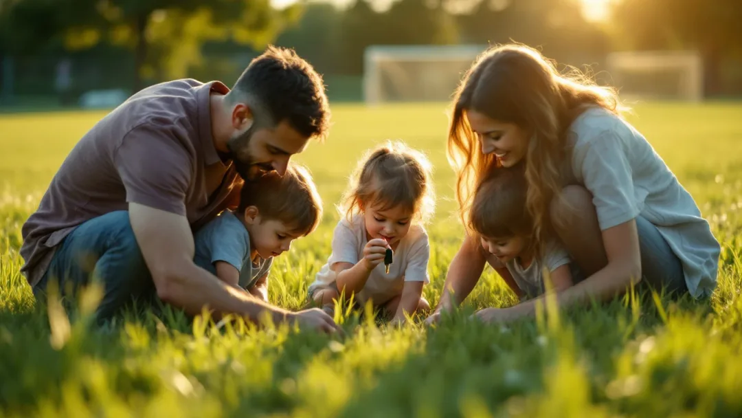Familia buscando una llave de carro entre el pasto de una cancha de fútbol infantil en un parque de Mansfield, Texas