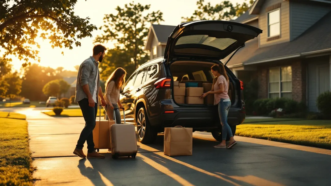 Familia cargando maletas en una SUV en la entrada de una casa de Mansfield, Texas, antes de un viaje de verano
