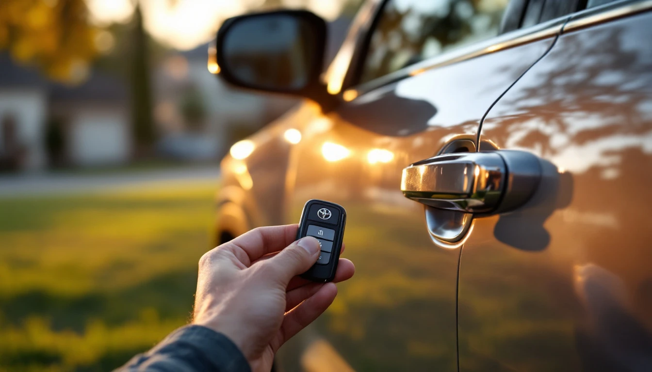 Mano sosteniendo un smart key nuevo junto a una Toyota Highlander plateada en una entrada de Mansfield TX