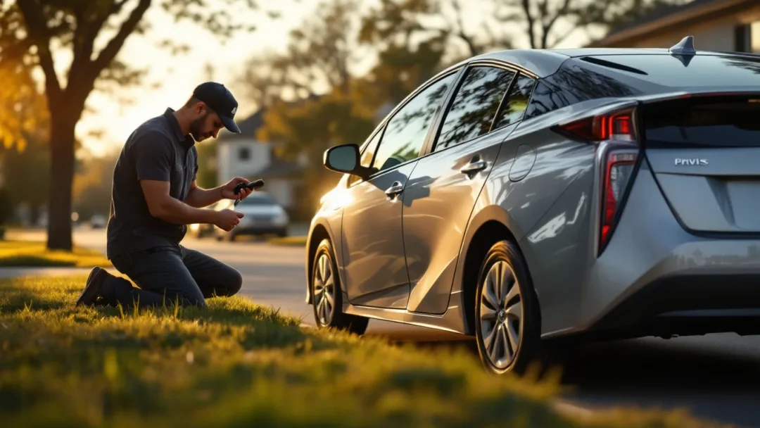 Toyota Prius plateado estacionado en un vecindario de Mansfield Texas mientras un cerrajero móvil programa una smart key