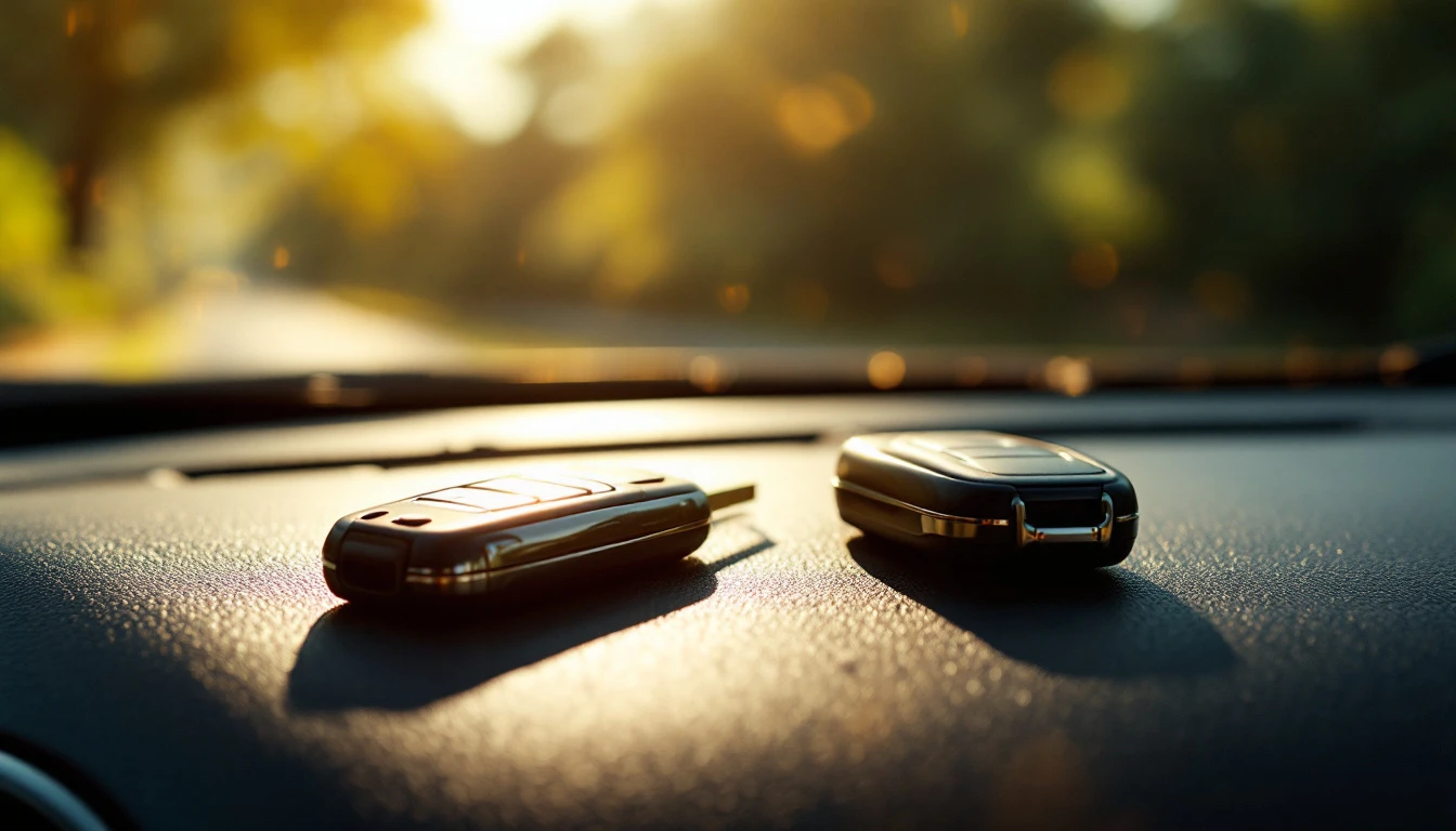 Key fob de carro sobre el tablero caliente de un vehículo estacionado bajo el sol de verano en Mansfield TX