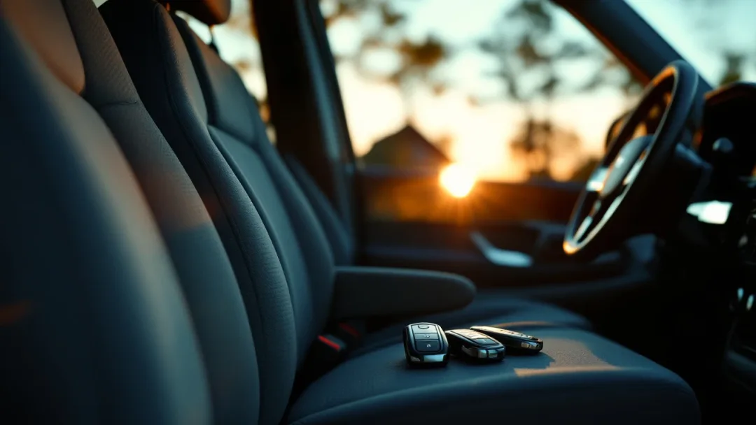 Minivan familiar con la puerta corrediza abierta en la entrada de una casa en Mansfield, Texas, con dos smart keys sobre el asiento