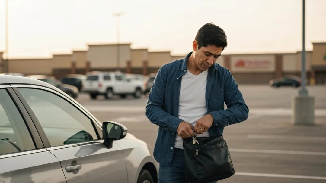 Conductor hispano buscando llaves perdidas en el estacionamiento de un supermercado en Mansfield TX